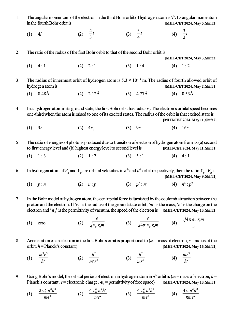 Structure of Atoms & Nuclei MHT-CET Physics 2024 Q&A - PRINTED BOOKLET