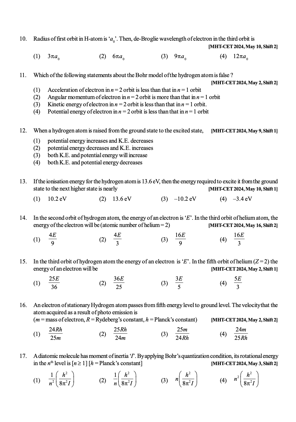 Structure of Atoms & Nuclei MHT-CET Physics 2024 Q&A - PRINTED BOOKLET