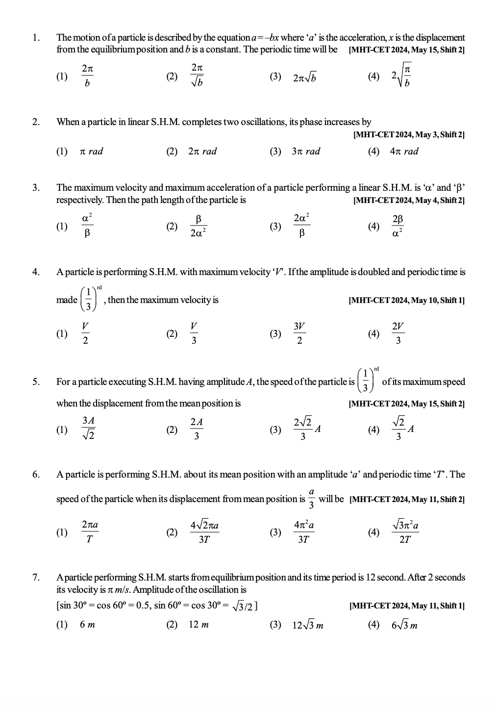 Oscillations MHT-CET Physics 2024 Q&A - PRINTED BOOKLET