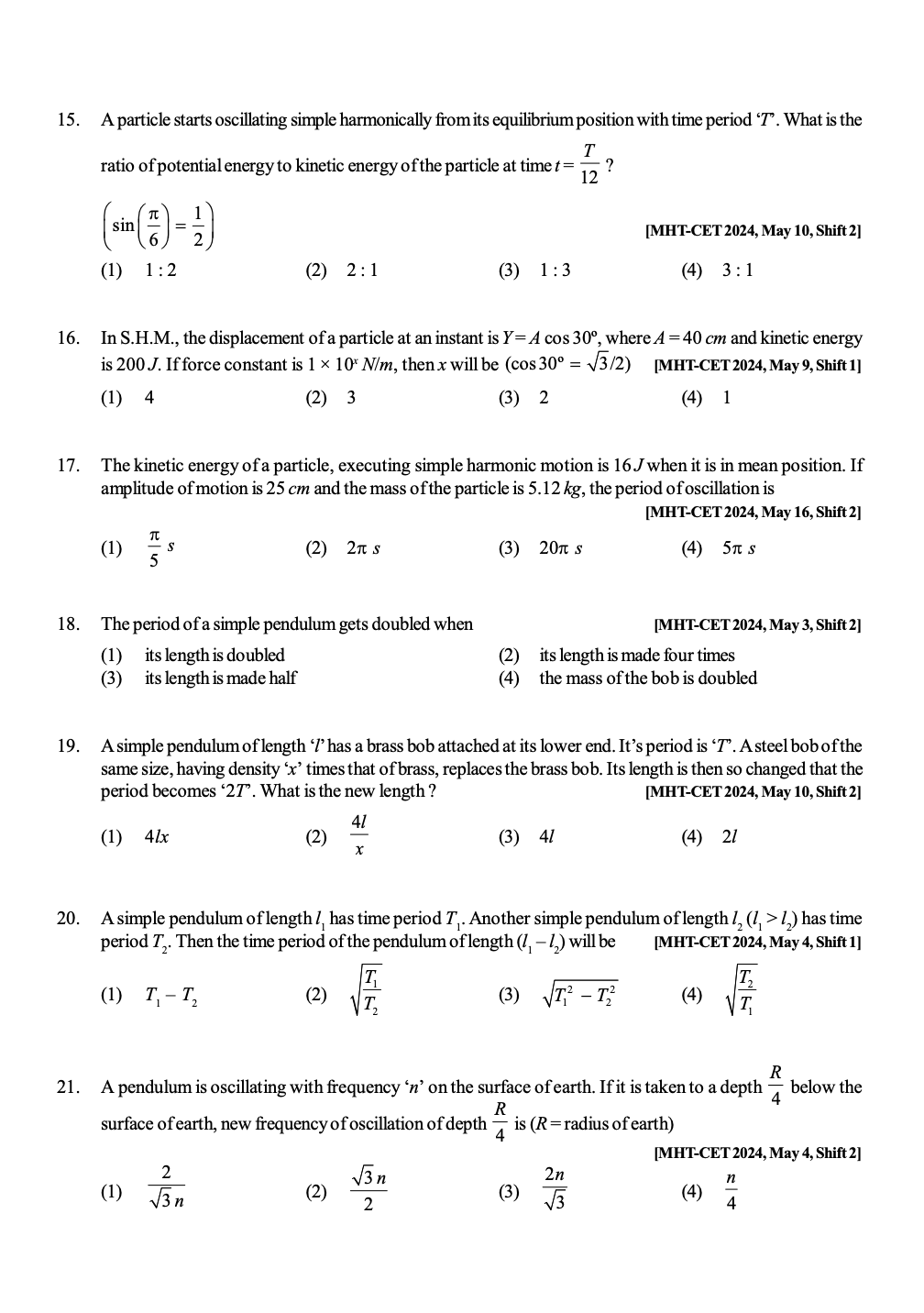 Oscillations MHT-CET Physics 2024 Q&A - PRINTED BOOKLET