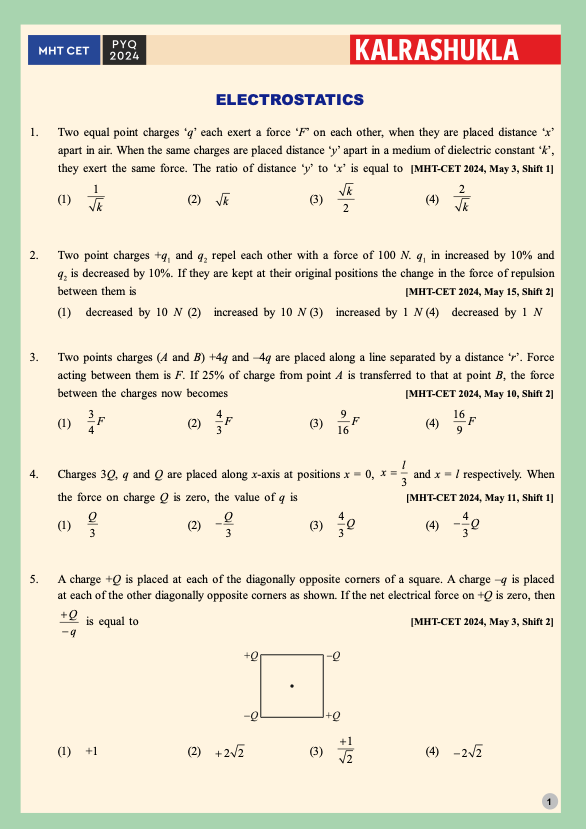 Electrostatics MHT-CET Physics 2024 Q&A - PRINTED BOOKLET