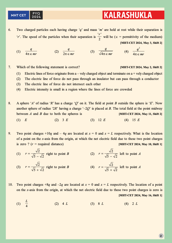 Electrostatics MHT-CET Physics 2024 Q&A - PRINTED BOOKLET